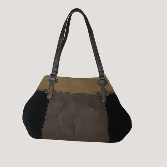 Tignanello Leather Suede Tan Black Brown Suede Shoulder Bag Silver Dual Pockets - Picture 3 of 10